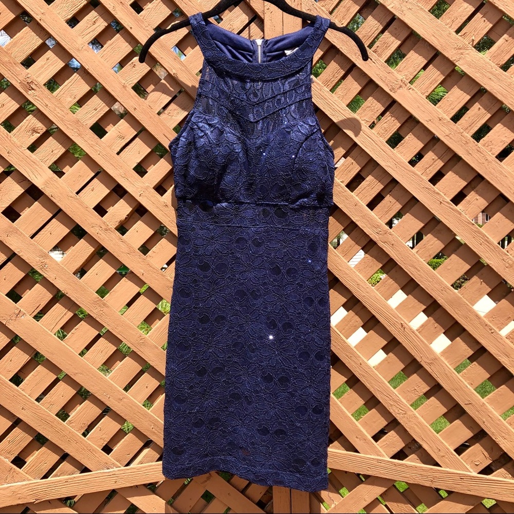 High Neck Dress Lacy Glitter Sexy Navy Blue Glam